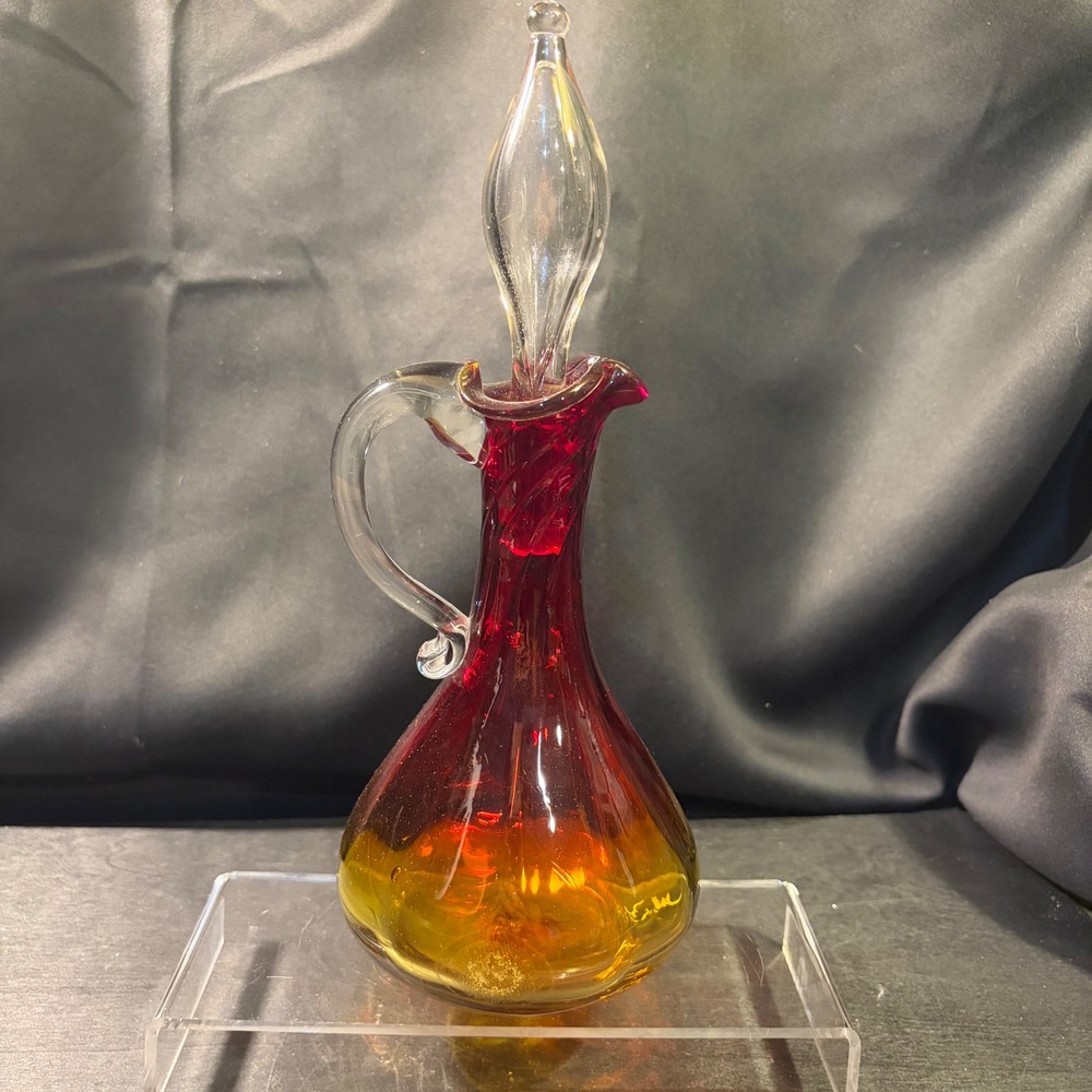Vintage Amberina Glass Decanter Uranium Flame Stopper UV Reactive Red Yellow